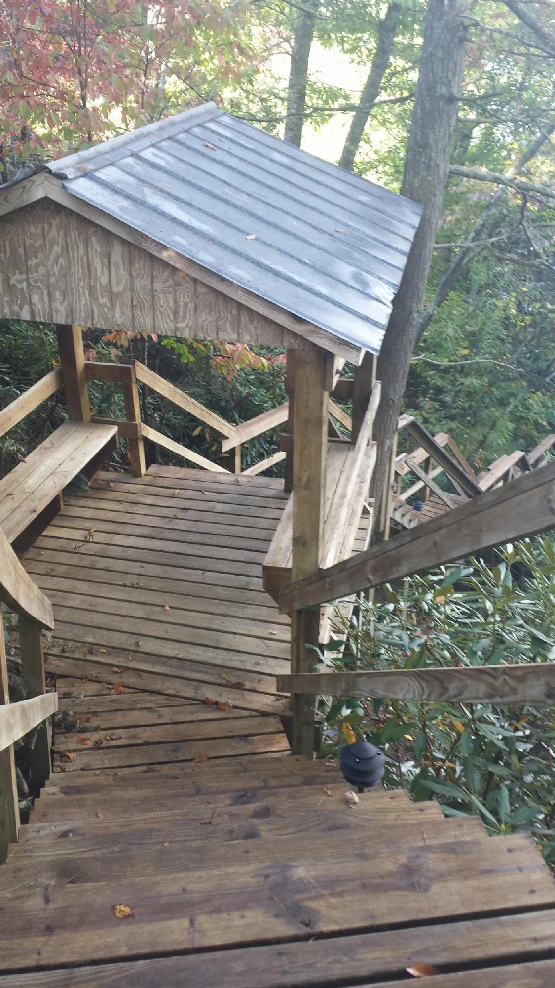 Metal roofed shelter over wooden steps on a wooded walkway — Skylight Repair & Installation work by our crew in Morven
